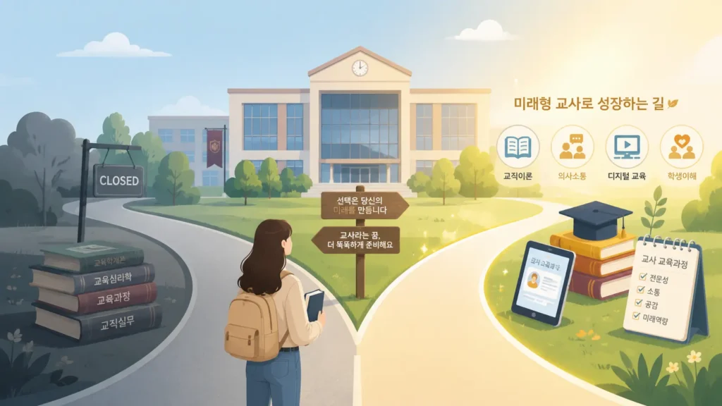 2026년부터 신규 교사 양성에서 현직 교사 재교육으로 역할이 개편되는 교육대학원의 방향성을 나타내는 대학 캠퍼스 일러스트