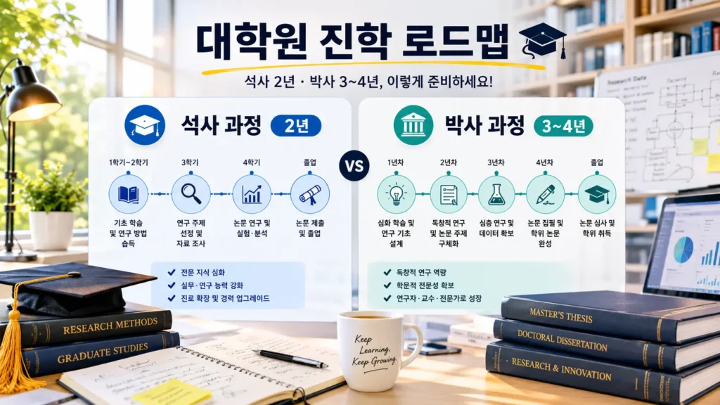 대학원 석사 과정 평균 2년과 박사 과정 평균 3~4년의 학위 취득 기간을 깔끔한 연구실과 도서관 배경으로 시각화한 안내 이미지