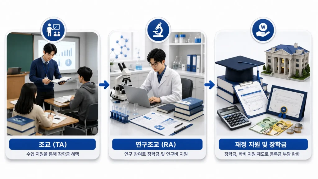 대학원 장학금과 조교 제도, 학자금 대출 등 학비 부담을 줄이는 방법을 표현한 이미지
