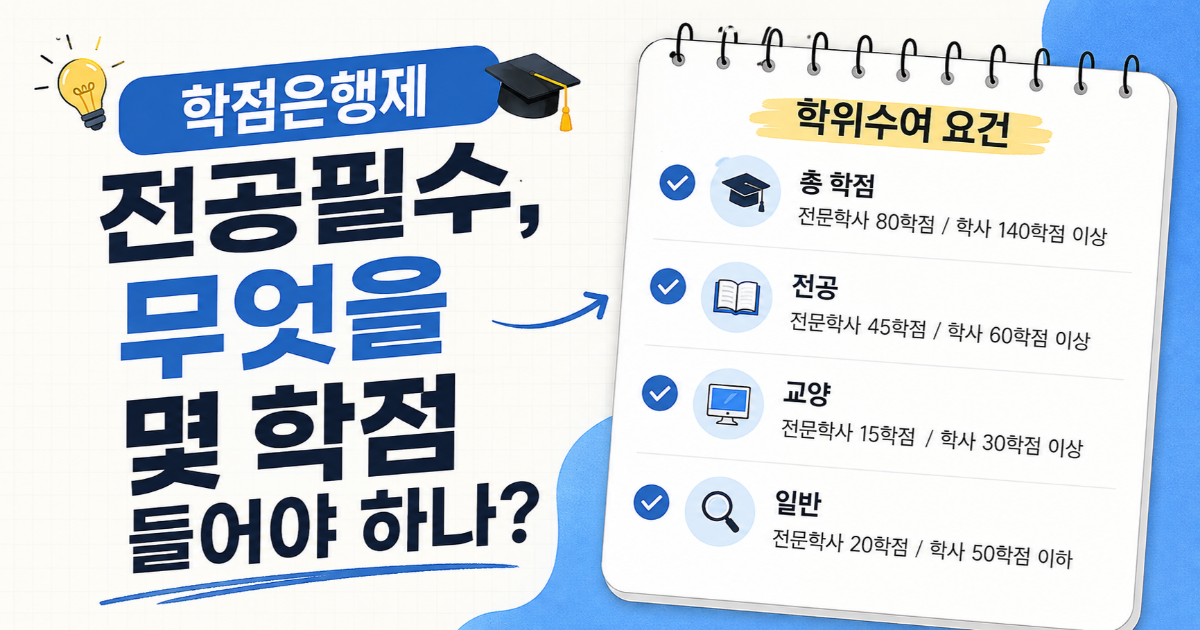 '학점은행제 전공필수, 무엇을 몇 학점 들어야 하나' 제목과 학위수여 요건 항목이 함께 있는 이미지