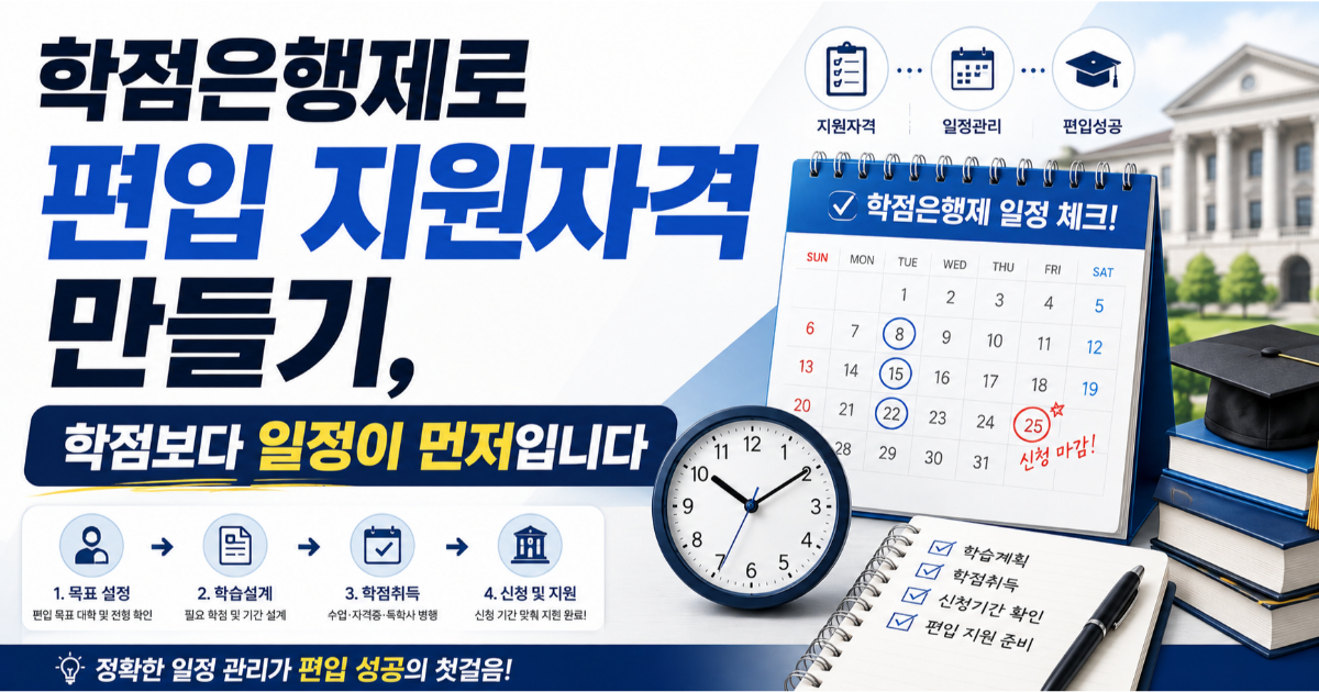 학점은행제로 편입 지원자격 만들기, 학점보다 일정이 먼저입니다' 제목과 신청 마감일이 표시된 달력, 시계가 함께 있는 이미지