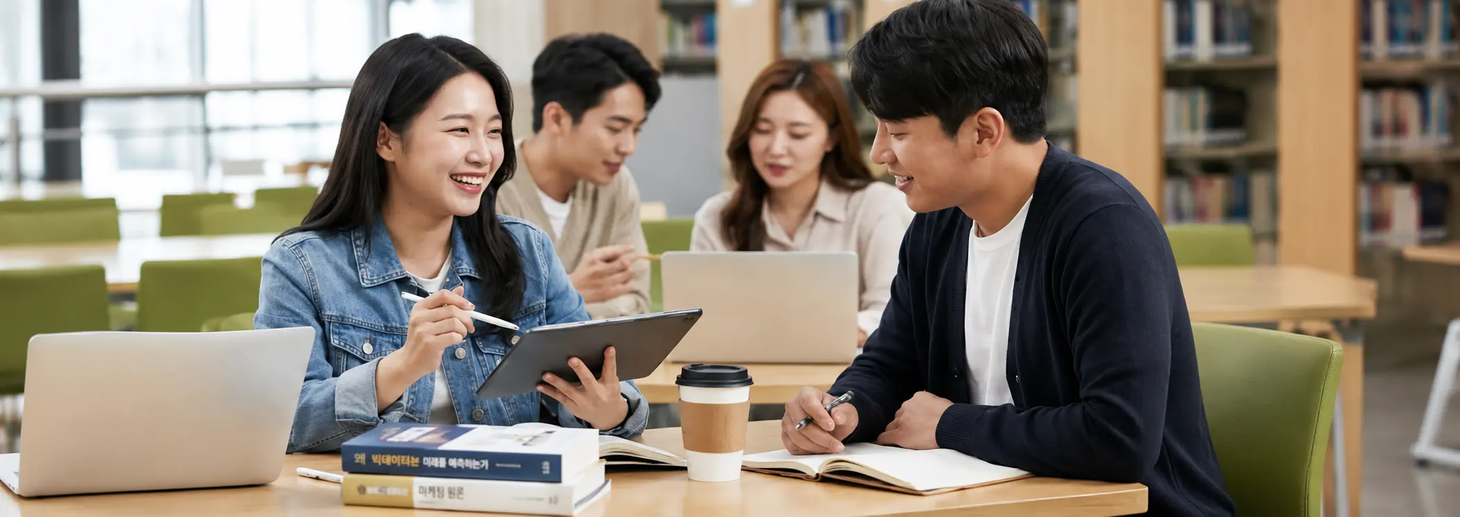 도서관에서 노트북과 태블릿으로 함께 공부하며 웃고 있는 대학생 네 명