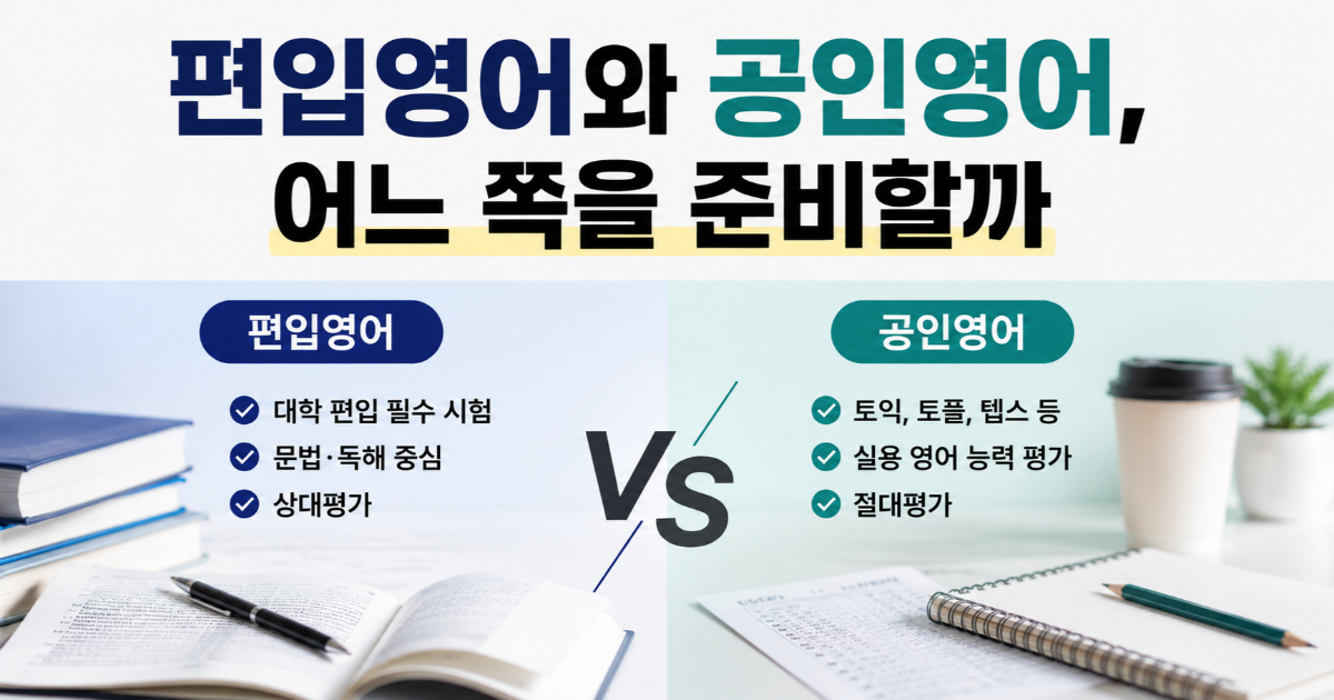 '편입영어와 공인영어, 어느 쪽을 준비할까' 제목과 두 시험을 나란히 비교한 이미지