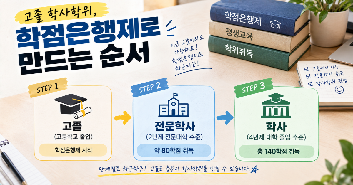 '고졸 학사학위, 학점은행제로 만드는 순서' 제목과 고졸에서 전문학사를 거쳐 학사로 이어지는 단계가 표시된 이미지