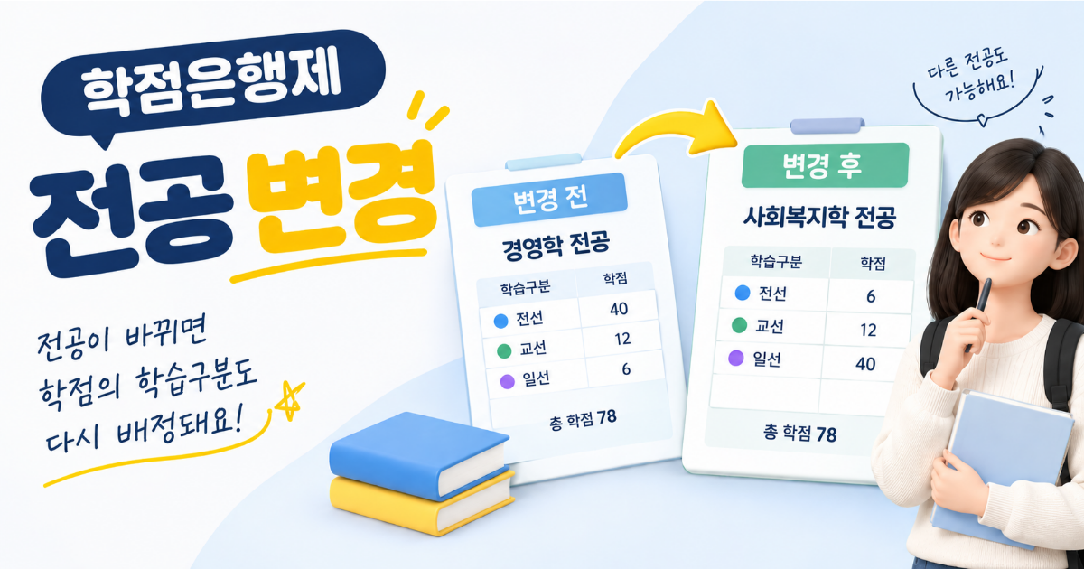 '학점은행제 전공 변경, 학점은 어떻게 되나' 제목과 전공이 바뀌면서 학점의 학습구분이 재배정되는 모습이 표시된 이미지