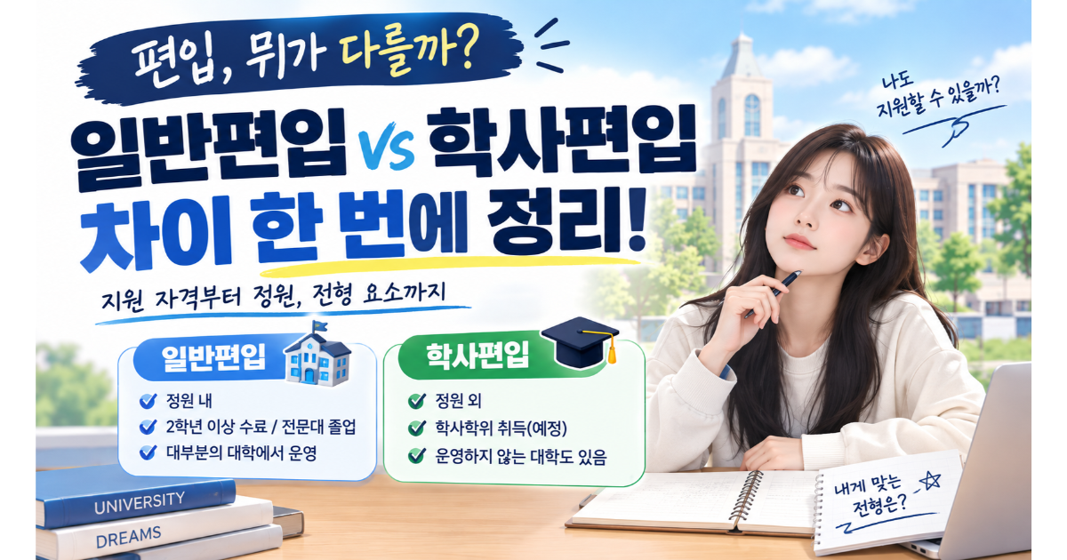 '일반편입 학사편입 차이, 어느 쪽이 유리할까' 제목과 정원 내·정원 외로 갈리는 두 전형이 나란히 비교된 이미지