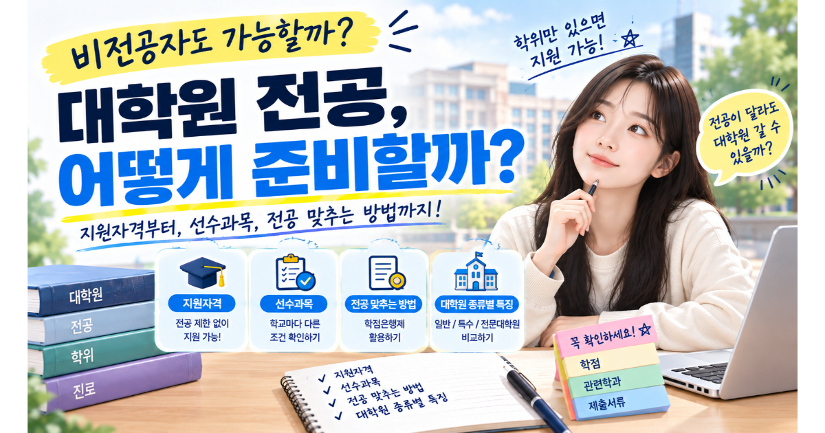 비전공자 대학원 진학 조건을 정리한 이미지. 지원 자격에는 전공 제한이 없지만 입학 후 선수과목이 붙는다는 내용