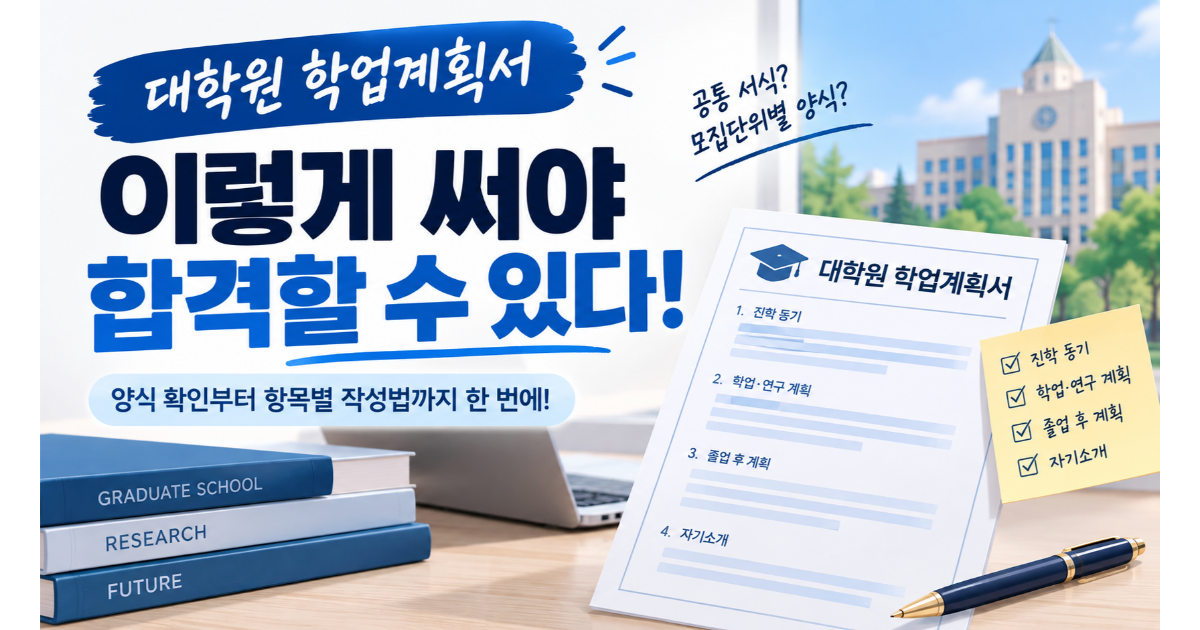'대학원 학업계획서, 무엇을 써야 하나' 제목과 진학 동기·학업 계획·졸업 후 계획 항목이 표시된 문서 이미지