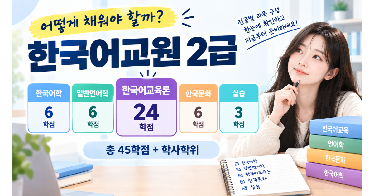 한국어교원 2급 취득 요건을 정리한 이미지. 다섯 영역 45학점과 학사학위가 필요하다는 내용