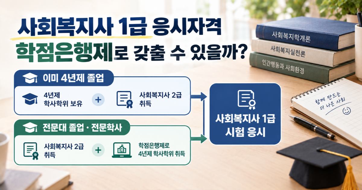 '사회복지사 1급 응시자격, 학점은행제로 갖출 수 있을까' 제목과 학사·전문학사 경로가 갈리는 모습이 표시된 이미지