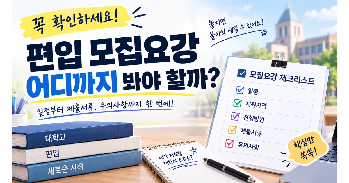 '편입 모집요강 보는 법, 어디부터 확인할까' 제목과 모집요강 목차 항목이 순서대로 표시된 이미지