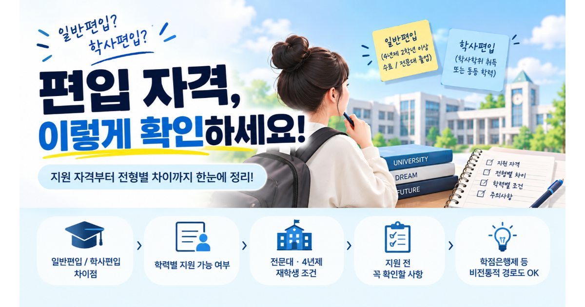 '편입 자격, 내 학력으로 지원할 수 있을까' 제목과 학력별 지원 가능 여부가 표로 정리된 이미지