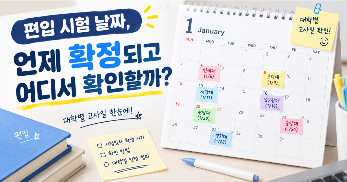 '편입 시험 날짜, 언제 확정되고 어디서 확인할까' 제목과 1월 달력에 대학별 고사일이 흩어져 표시된 이미지