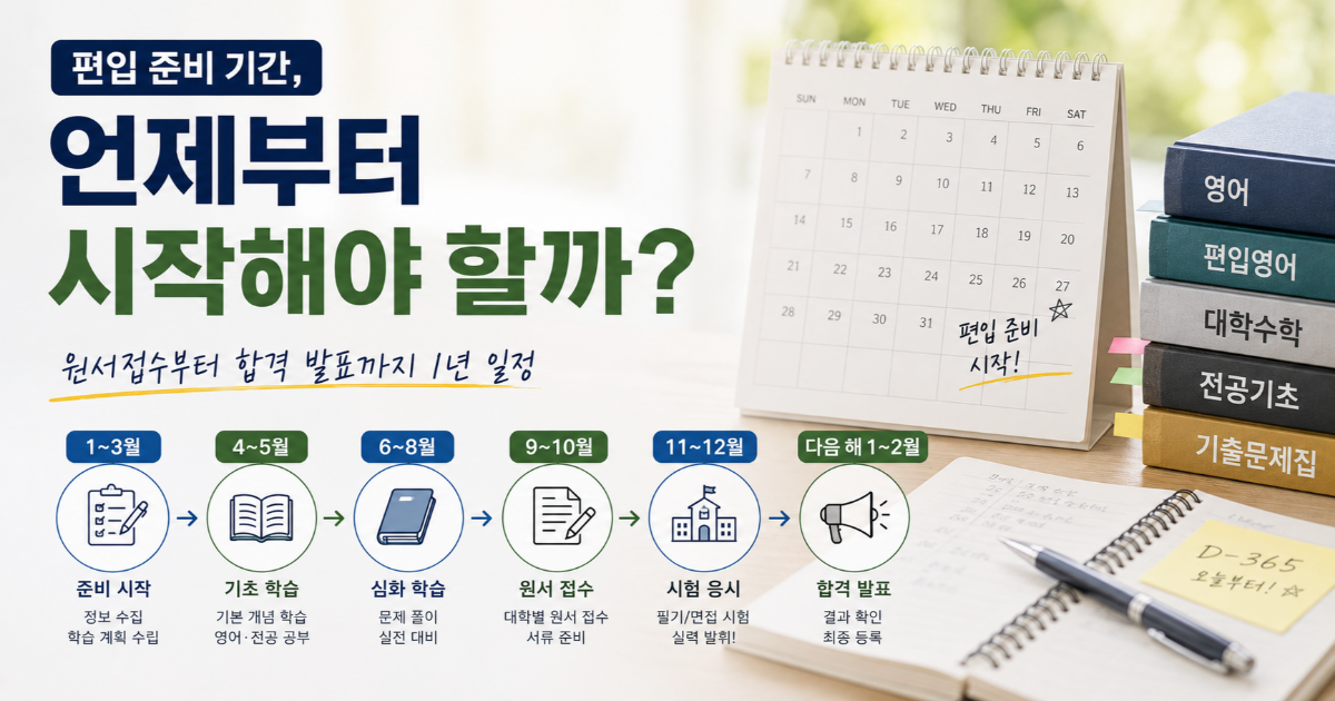 '편입 준비 기간, 언제부터 시작해야 할까' 제목과 원서접수부터 합격 발표까지 1년 일정이 표시된 이미지
