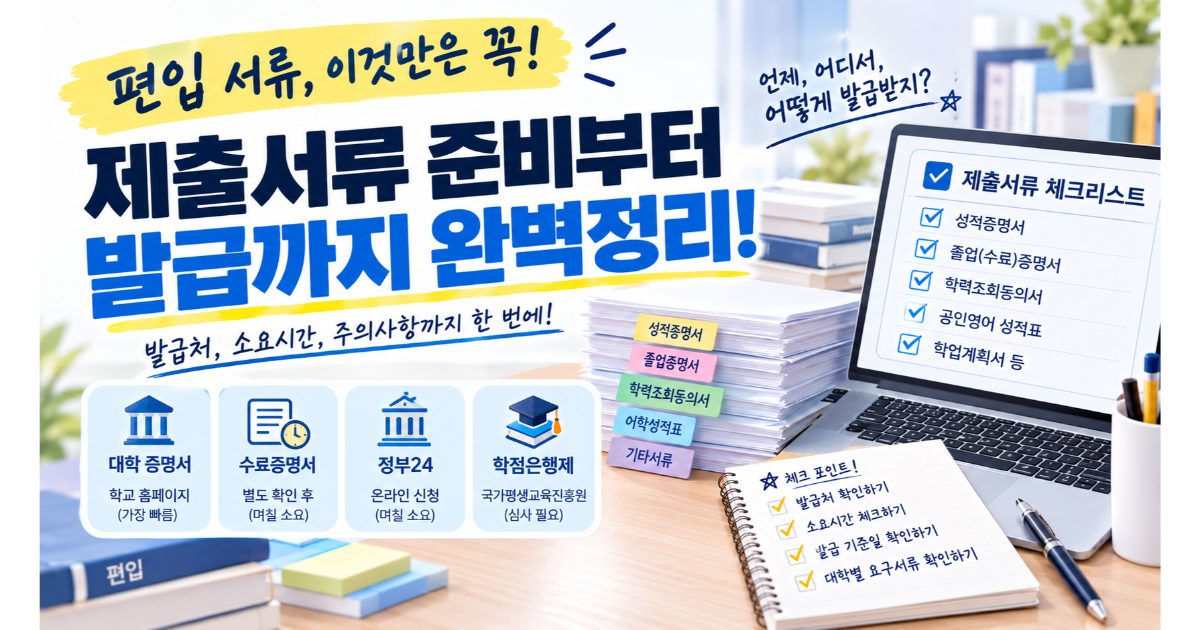 '편입 제출서류, 어디서 어떻게 발급받나' 제목과 성적증명서·수료증명서 등 서류 목록과 발급처가 표시된 이미지