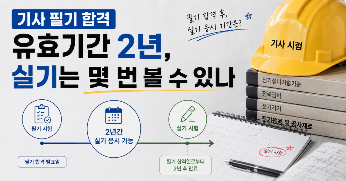 '기사 필기 합격 유효기간 2년, 실기는 몇 번 볼 수 있나' 제목과 필기 합격 발표일부터 2년간 실기 응시 기간이 표시된 이미지