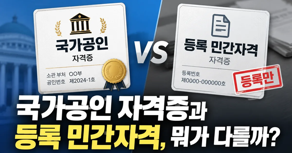 국가공인 민간자격과 등록 민간자격의 차이를 비교하는 대표 이미지