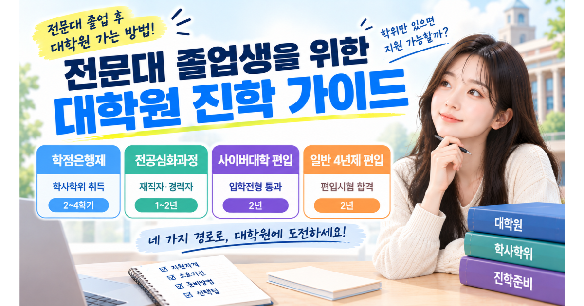 전문대 졸업 후 대학원에 가는 경로를 정리한 이미지. 전문학사에서 학사학위를 거쳐 대학원으로 이어지는 네 가지 경로