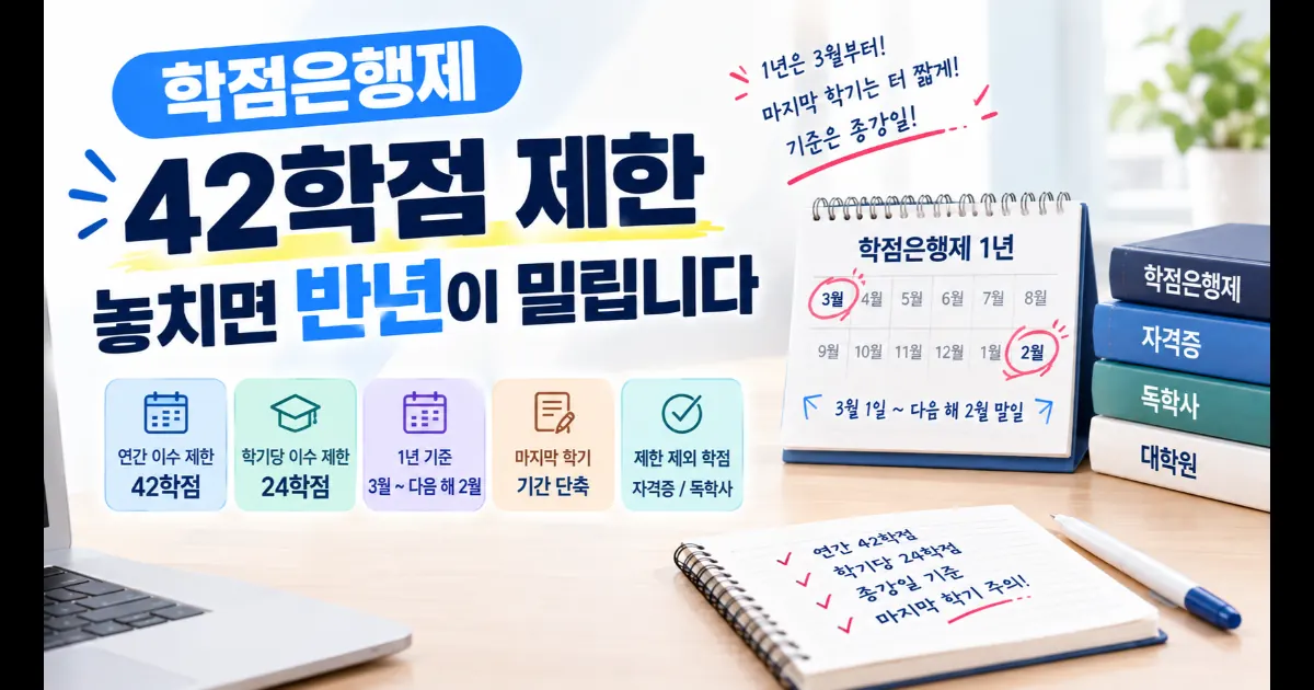 학점은행제 연간 42학점, 학기당 24학점 이수 제한을 안내하는 대표 이미지