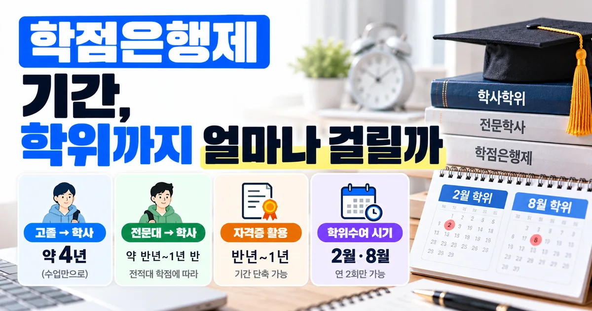 학점은행제 기간, 남은 학점과 연 42학점 상한, 2월·8월 학위수여 시기로 학위까지 걸리는 기간을 계산하는 방법을 안내하는 대표 이미지