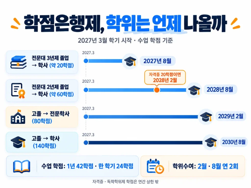 2027년 3월 학기에 시작할 때 전문대 3년제 졸업자는 2027년 8월, 전문대 2년제 졸업자는 2028년 8월(자격증 학점이 있으면 2028년 2월), 고졸 전문학사는 2029년 2월, 고졸 학사는 2030년 8월에 학위를 받는 학점은행제 기간 비교 인포그래픽