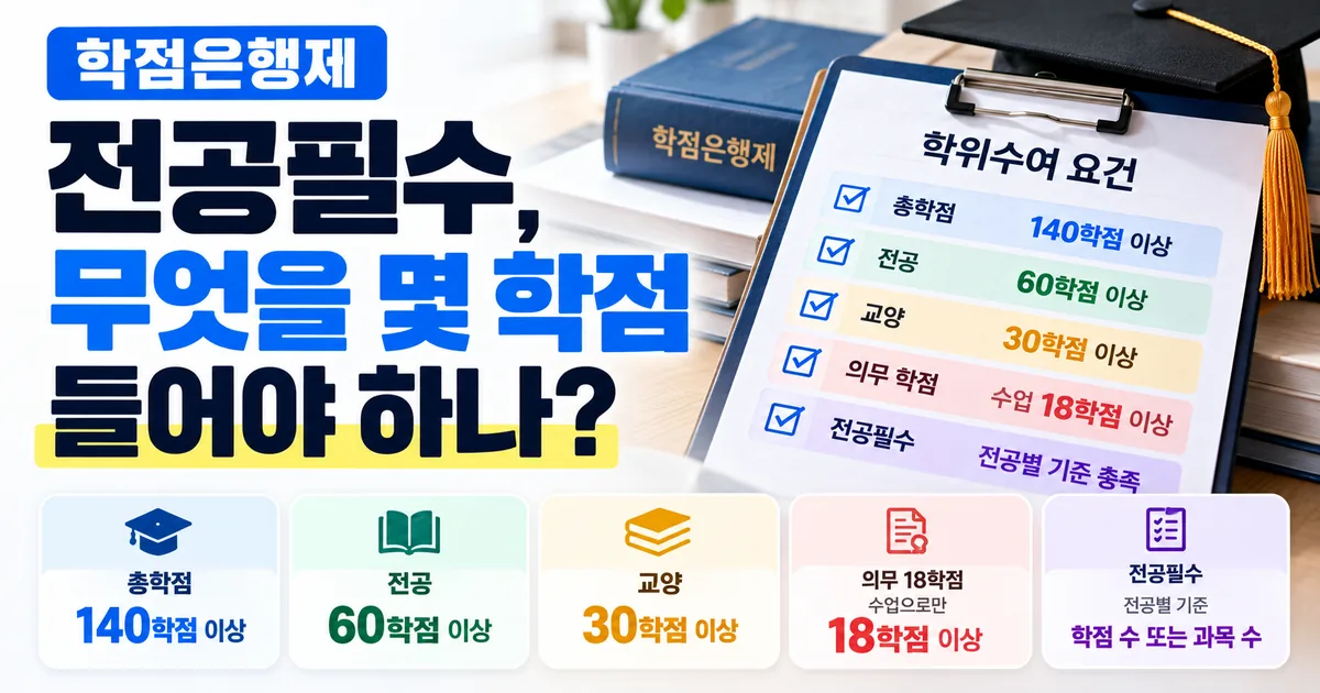 학점은행제 전공필수, 총학점·전공·교양·의무 18학점·전공필수 다섯 칸을 모두 채워야 학위가 나온다는 것을 안내하는 대표 이미지