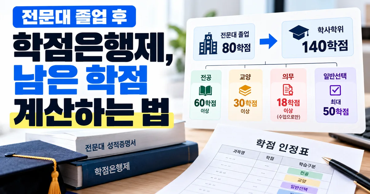 전문대 졸업 후 학점은행제 남은 학점 계산하는 법, 전문대 80학점에서 학사 140학점까지 전공·교양·의무·일반선택 칸으로 나눠 계산함을 안내하는 대표 이미지
