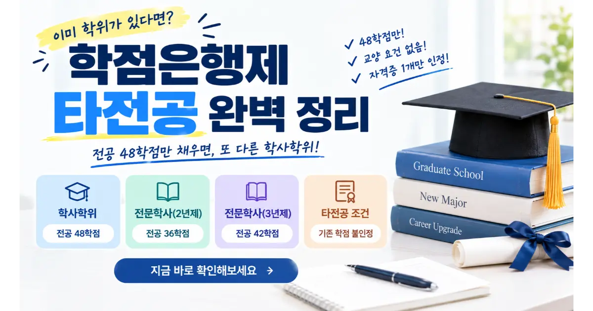 학점은행제 타전공 요건을 일반 학위와 비교한 이미지. 일반 학사 140학점과 타전공 전공 48학점의 차이