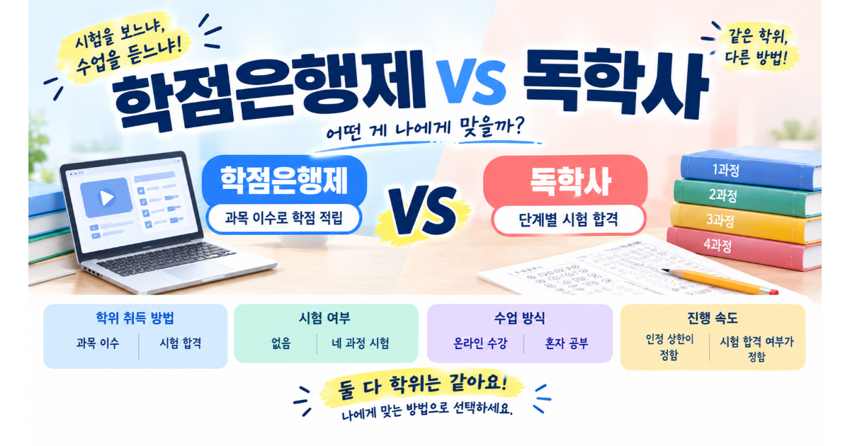 학점은행제와 독학학위제의 차이를 비교한 이미지. 수업 이수와 단계별 시험이라는 두 가지 경로