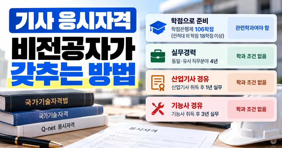 기사 응시자격 비전공자가 갖추는 방법, 학점은행제 106학점과 전적대 외 18학점 조건으로 기사 응시자격을 만드는 경로를 안내하는 대표 이미지