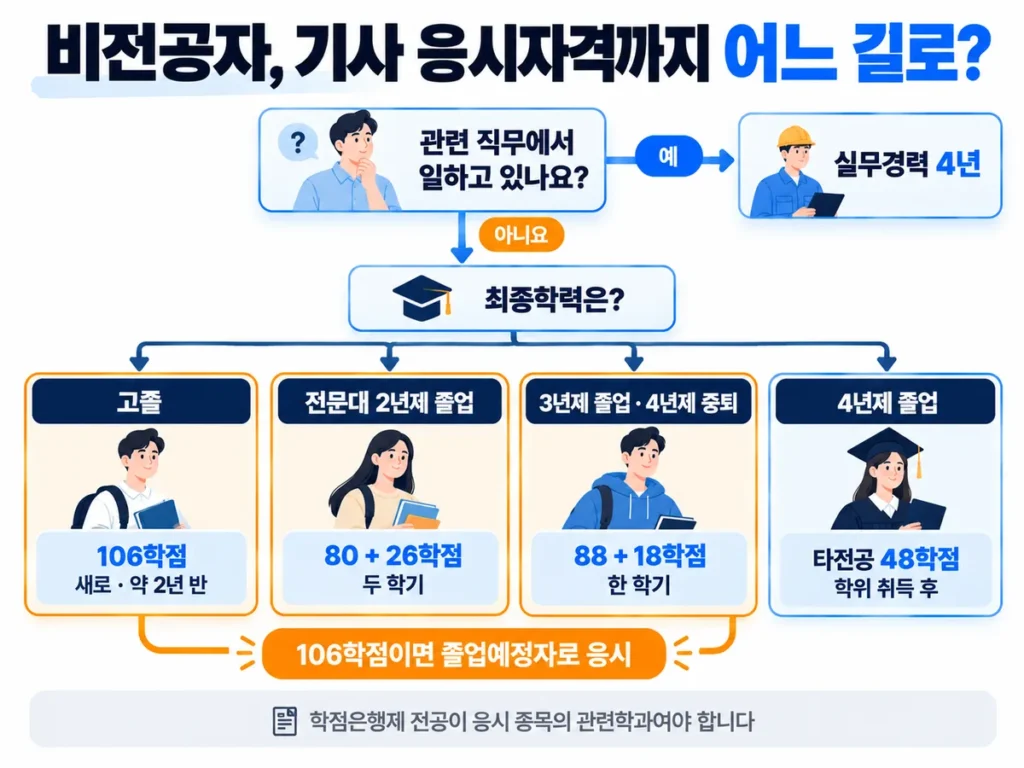 비전공자가 관련 직무 경력, 최종학력에 따라 실무경력 4년, 학점은행제 106학점, 타전공 48학점 학위 중 어느 경로로 기사 응시자격을 갖추는지 보여주는 인포그래픽