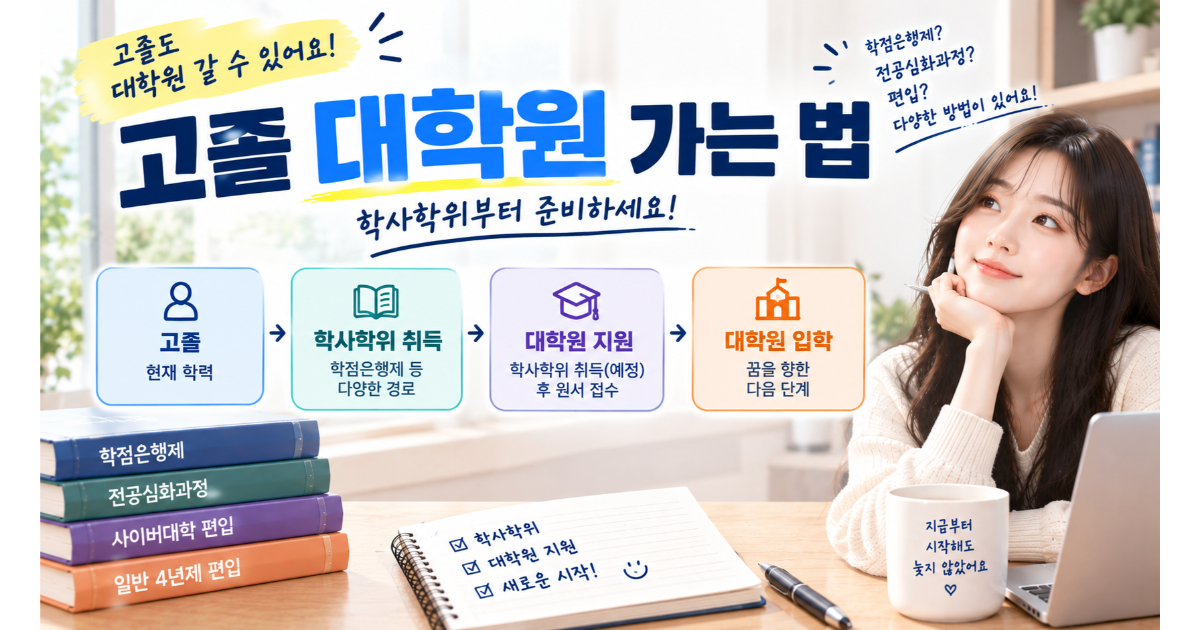 고졸에서 대학원까지 가는 과정을 정리한 이미지. 연차별 누적 학점과 100학점 시점에 원서를 넣는 흐름