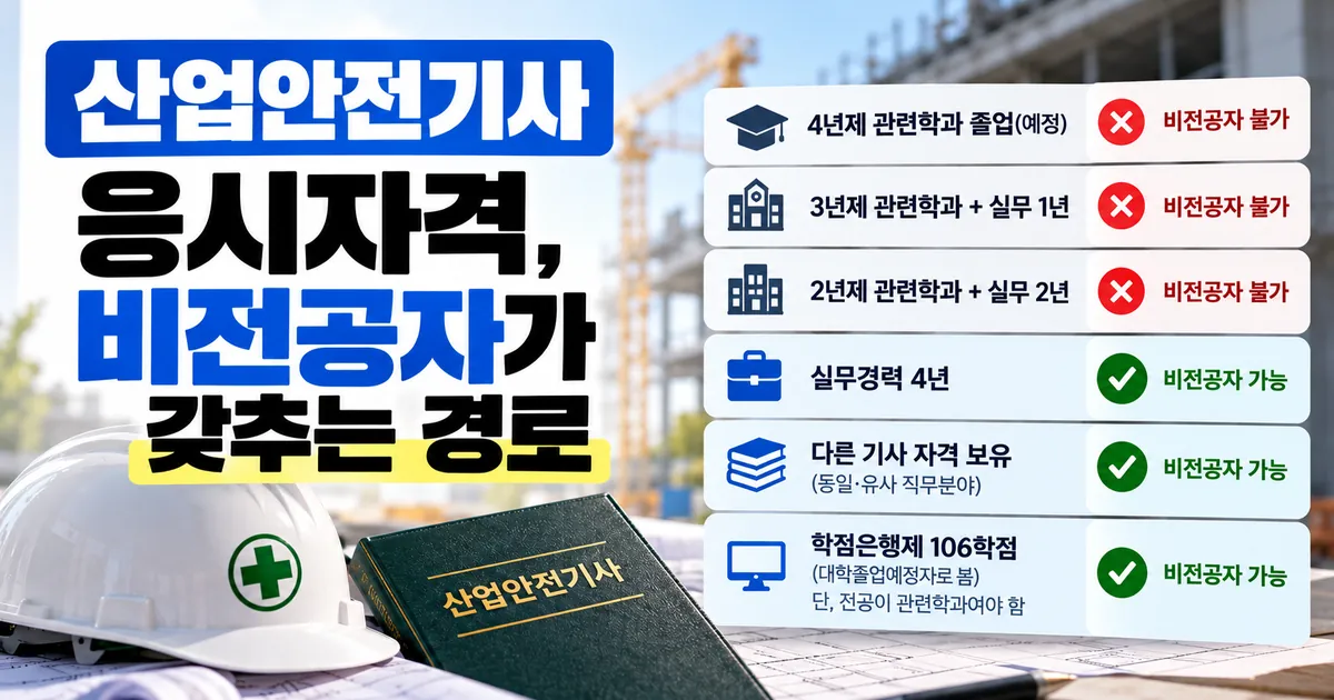 산업안전기사 응시자격, 비전공자가 갖출 수 있는 실무경력·다른 기사 보유·학점은행제 106학점 경로와 관련학과 경로를 비교한 대표 이미지