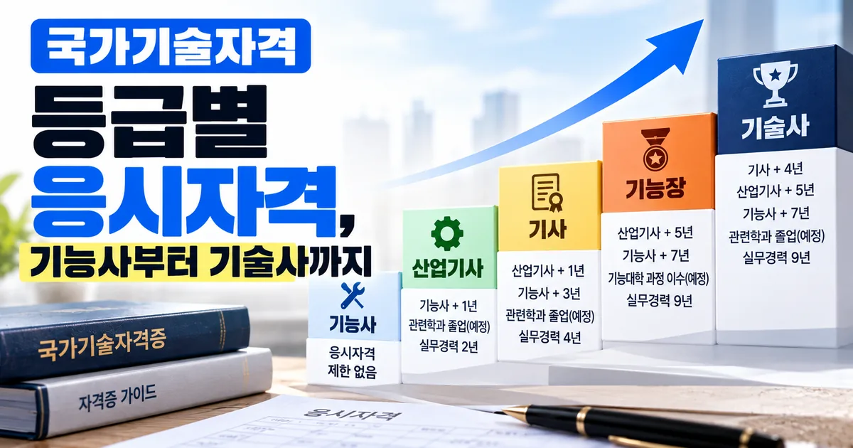 국가기술자격 등급별 응시자격, 기능사·산업기사·기사·기능장·기술사 다섯 등급과 하위 자격·학력·실무경력 세 갈래 응시 경로를 안내하는 대표 이미지