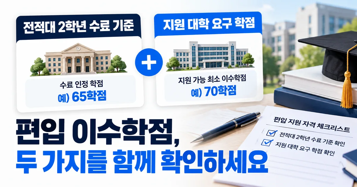편입 이수학점, 전적대 2학년 수료 기준과 지원 대학 요구 학점을함께 확인해야 한다는 것을 안내하는 대표 이미지