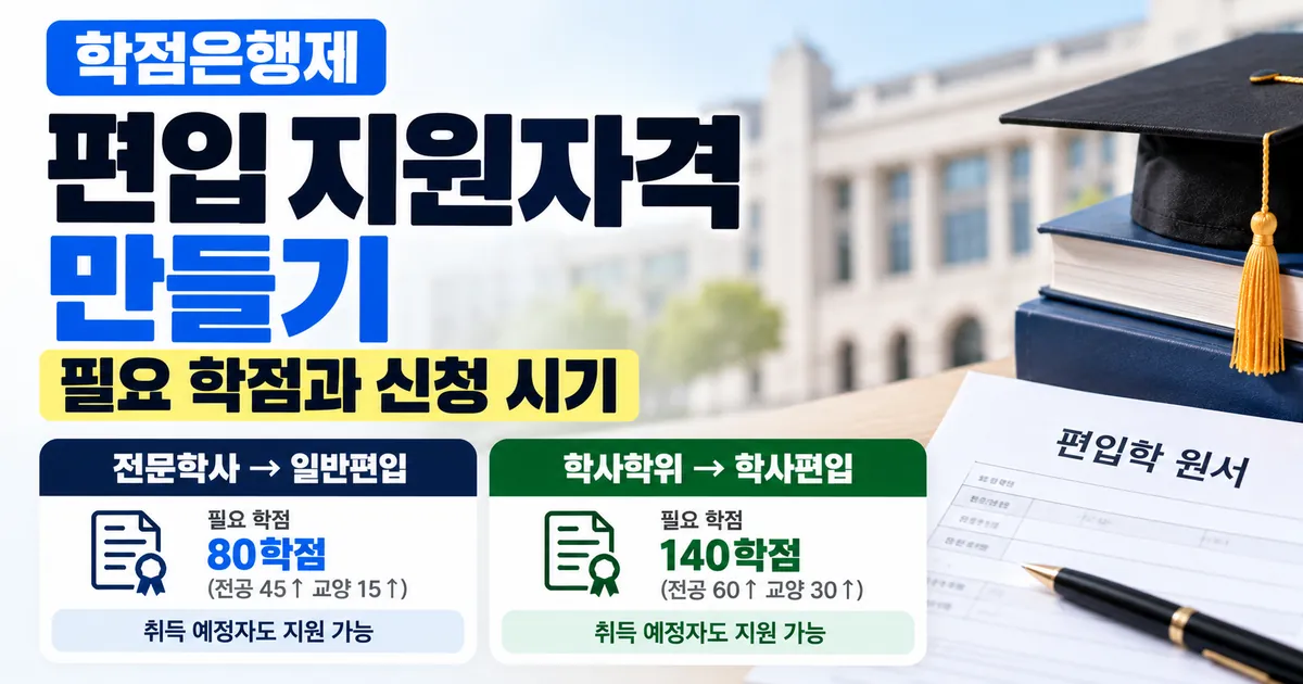 학점은행제 편입 지원자격, 전문학사 80학점은 일반편입·학사 140학점은 학사편입으로 지원하며 취득 예정자도 지원 가능함을 안내하는 대표 이미지