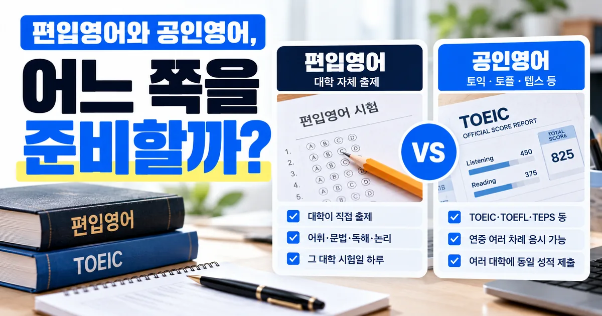 편입영어와 공인영어 중 무엇을 준비할지, 지원 대학 모집요강의 공인영어 반영 방식에 따라 정해진다는 것을 안내하는 대표 이미지