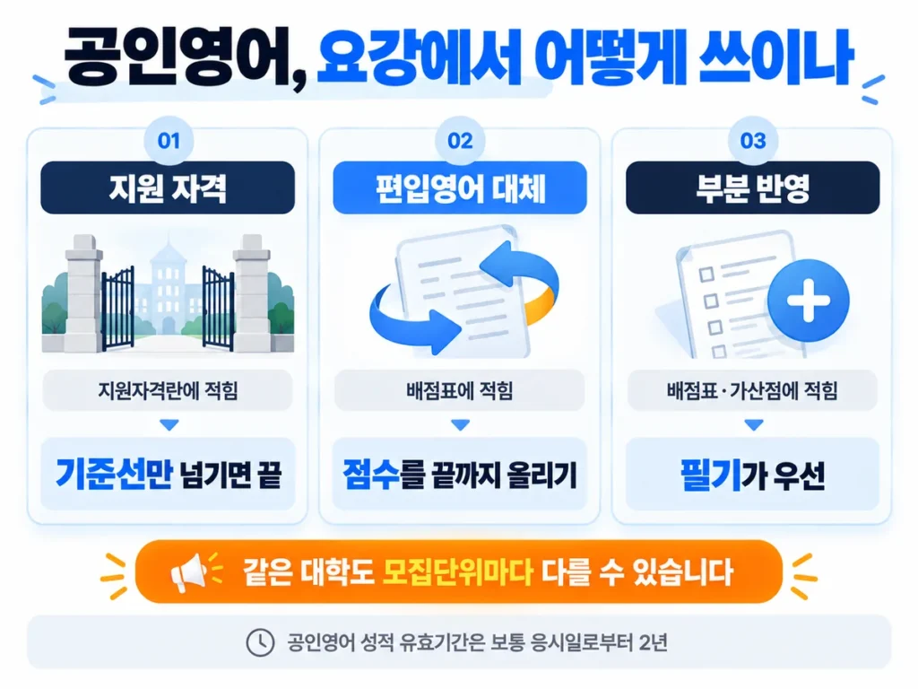 편입 모집요강에서 공인영어가 지원 자격, 편입영어 대체, 부분 반영 세 가지 방식으로 쓰이고 방식마다 기준선 통과, 최고점 확보, 필기 우선으로 준비 전략이 달라지는 것을 보여주는 인포그래픽
