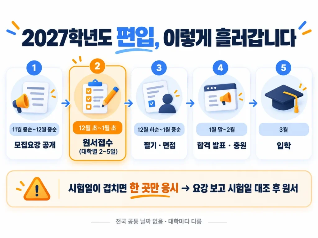 2027학년도 편입은 11월 중순~12월 중순 모집요강 공개, 12월 초~1월 초 원서접수, 12월 하순~1월 중순 필기·면접, 1월 말~2월 합격 발표와 충원, 3월 입학으로 이어지며 대학마다 날짜가 다르다는 것을 보여주는 일정 흐름 인포그래픽