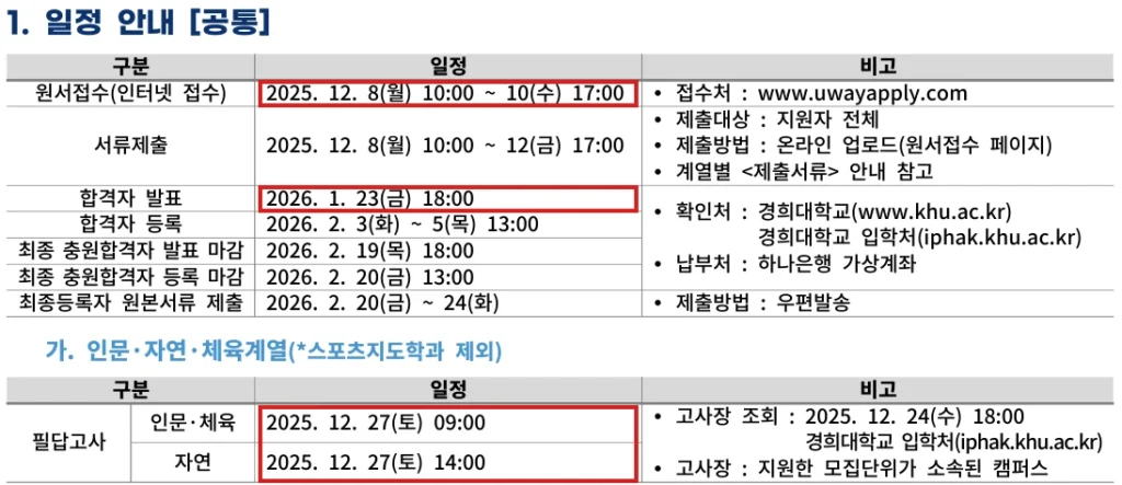 경희대학교 2026학년도 편입학 전형일정, 원서접수 2025년 12월 8일부터 10일, 인문·체육 필답고사 12월 27일 오전과 자연 오후, 합격자 발표 2026년 1월 23일, 충원합격 발표 마감 2월 19일 일정표 캡처