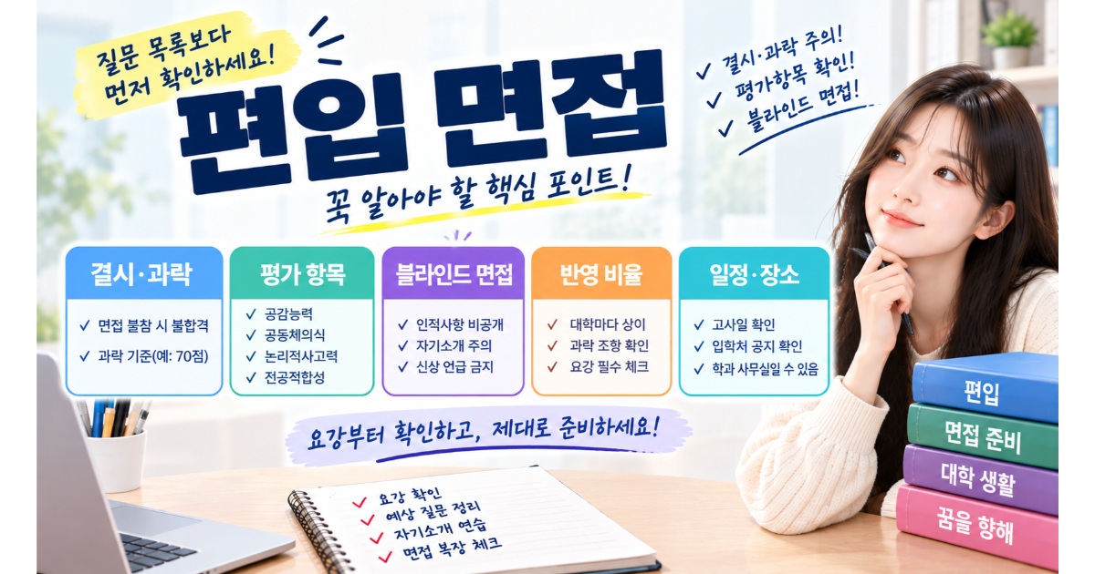 편입 면접 평가 항목을 정리한 이미지. 공감능력, 공동체의식, 논리적사고력, 전공적합성 네 항목과 과락 기준