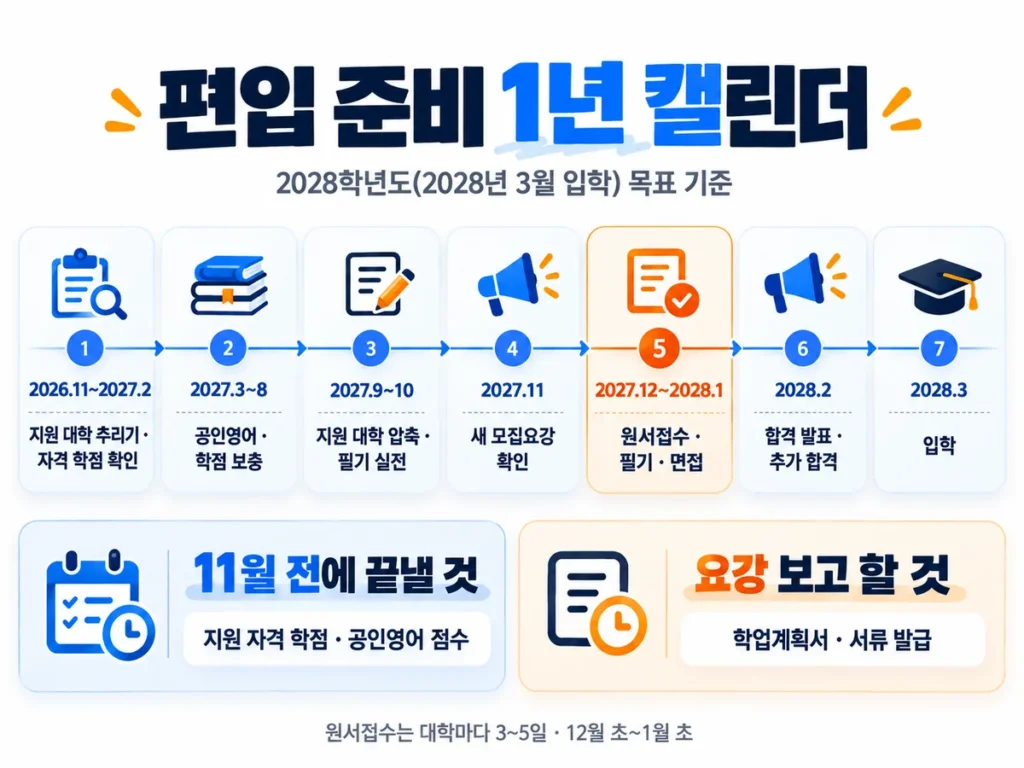 2028학년도 편입을 목표로 2026년 11월부터 지원 대학 추리기, 2027년 3~8월 공인영어와 학점 보충, 9~10월 지원 대학 압축, 11월 모집요강 확인, 12월~1월 원서접수와 필기·면접, 2028년 2월 합격 발표, 3월 입학으로 이어지는 편입 준비 1년 캘린더 인포그래픽