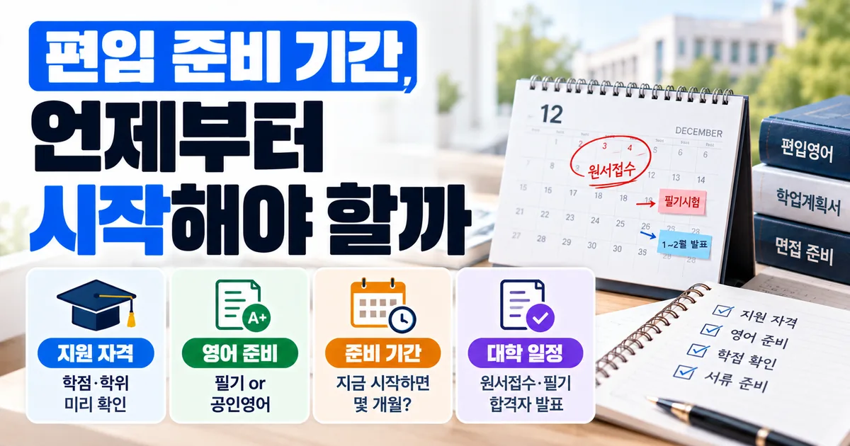 편입 준비 기간, 1년에 한 번 12월 전후 원서접수를 기준으로 지원 자격과 영어, 서류를 언제부터 준비해야 하는지 안내하는 대표 이미지