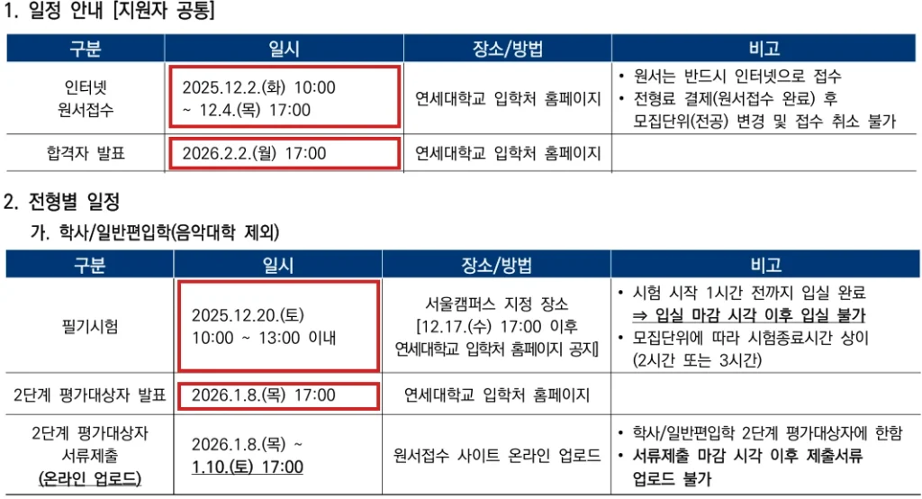연세대학교 2026학년도 편입학전형 일정, 인터넷 원서접수 2025년 12월 2일부터 4일, 필기시험 12월 20일, 2단계 평가대상자 발표 2026년 1월 8일, 합격자 발표 2월 2일로 이어지는 일정표 캡처