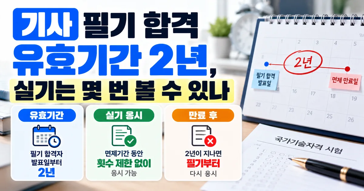 기사 필기 합격 유효기간, 필기 합격자 발표일부터 2년 동안 필기가 면제되고 실기 원서접수 시점 기준으로 실기를 몇 번 볼 수 있는지 안내하는 대표 이미지